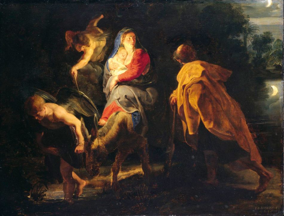 Huida a Egipto, Rubens. 1614. Museo de Kassel, Alemania. Óleo sobre tabla (53 x 40,5 cm).