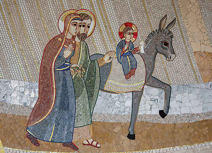 Marko Rupnik, La huida a Egipto (2017), Santuario de la Virgen de las Flores, Bra, Italia.