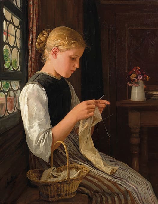 Mujer tejiendo junto a una ventana, Albert Ankert, 1885, 66 x 51 cm.