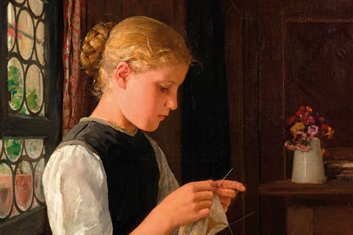 Mujer tejiendo junto a una ventana, Albert Ankert, 1885, 66 x 51 cm.