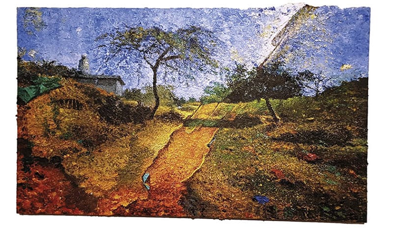 Cuadro de sor Isabel Guerra titulado “Cruzando cielo y tierra”, con un paisaje espiritual atravesado por luz ascendente.