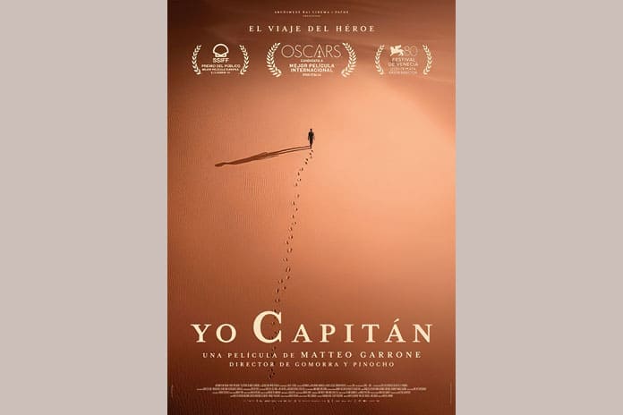 Cartel oficial de la película Yo, capitán, que retrata la travesía migratoria de dos jóvenes senegaleses hacia Europa.
