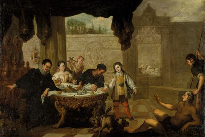 Pintura barroca que representa la parábola del rico Epulón y el pobre Lázaro, resaltando el contraste social y espiritual entre ambos.