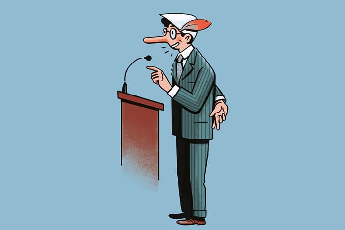 Ilustración que representa cómo las mentiras repetidas se convierten en aparentes verdades en la sociedad actual.