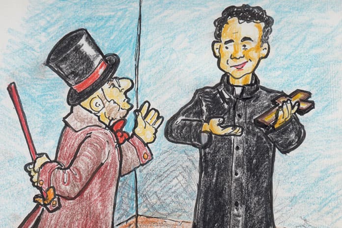 Ilustración de don Bosco dialogando con un ministro sobre la importancia de la educación religiosa.