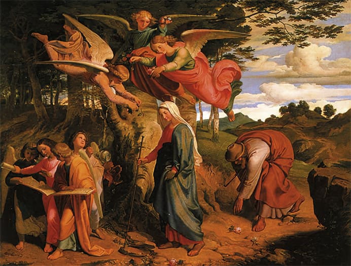 María camina hacia la montaña para visitar a Isabel, guiada por el Espíritu, según el Evangelio de la Visitación.