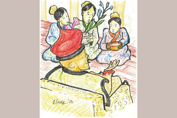 Ilustración de una joven china sosteniendo una maceta vacía frente al príncipe y la corte imperial