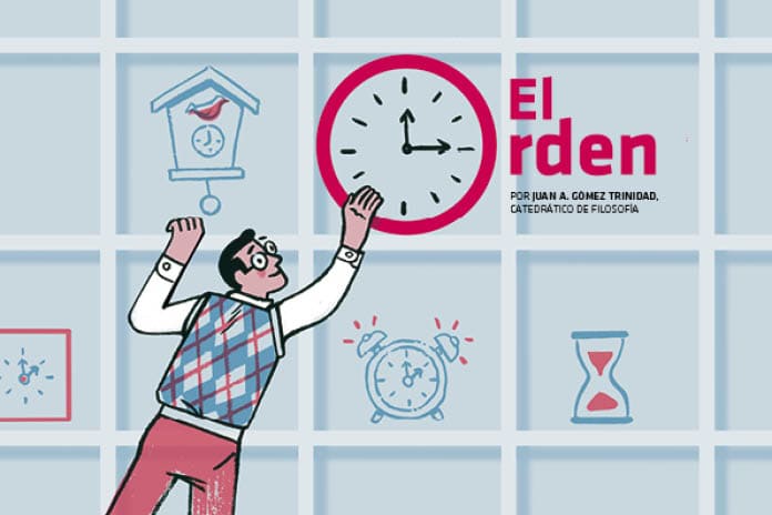 Ilustración de una persona ordenando una casa como símbolo de equilibrio y organización en la vida.