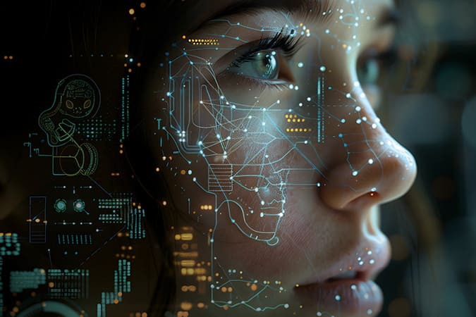 Rostro de una niña con superposición digital que representa la influencia de la tecnología en la identidad.