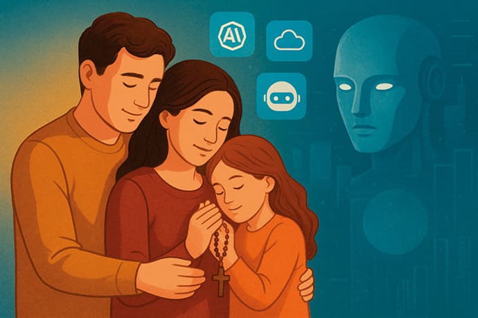 Ilustración generada con IA que contrasta inteligencia artificial y vida humana cotidiana.