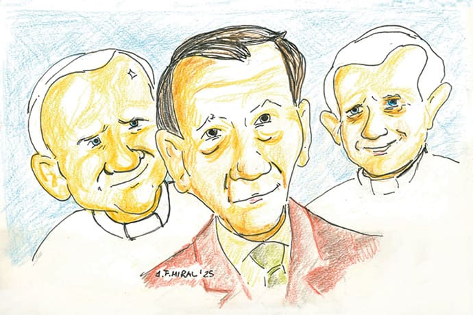 Ilustración de Joaquín Navarro-Valls con Juan Pablo II y Benedicto XVI, sobre su labor como portavoz vaticano.