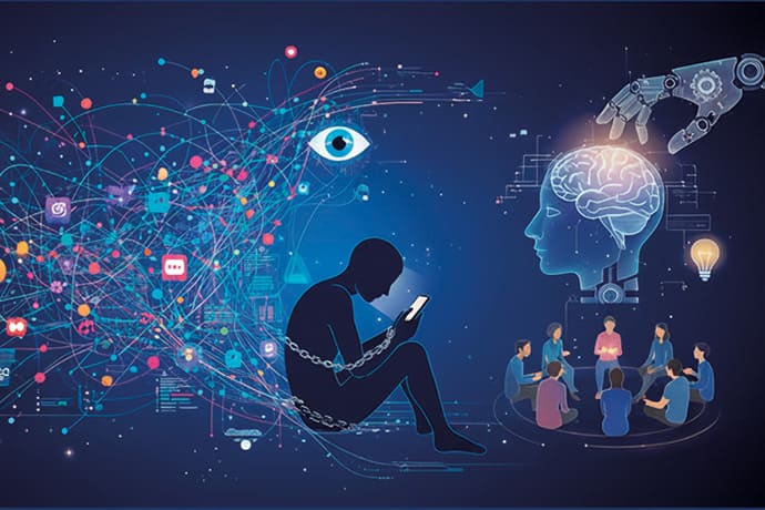 Ilustración generada con IA que representa la era digital con elementos tecnológicos interconectados.