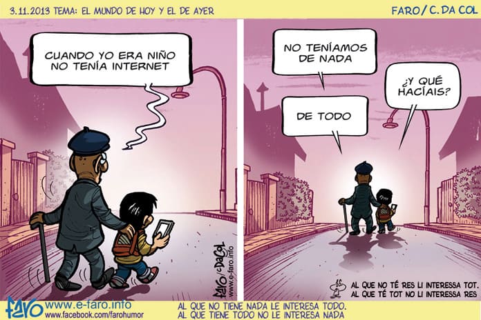 Viñetas de Andrés Faro sobre los excesos de internet y la importancia de la vida real.