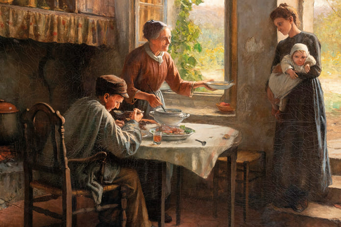 Pintura Caridad de Daniel Ridgway Knight con una madre y su hija recibiendo hospitalidad y comida en un hogar