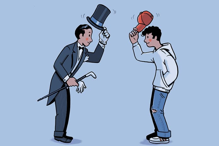 Ilustración de un señor con chistera y un joven vestido informal saludándose con cortesía