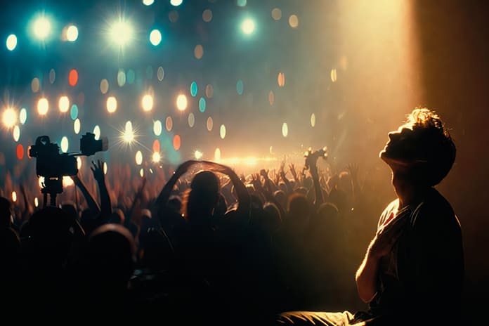 Joven actuando en un escenario ante el público, símbolo de éxito exterior y búsqueda interior