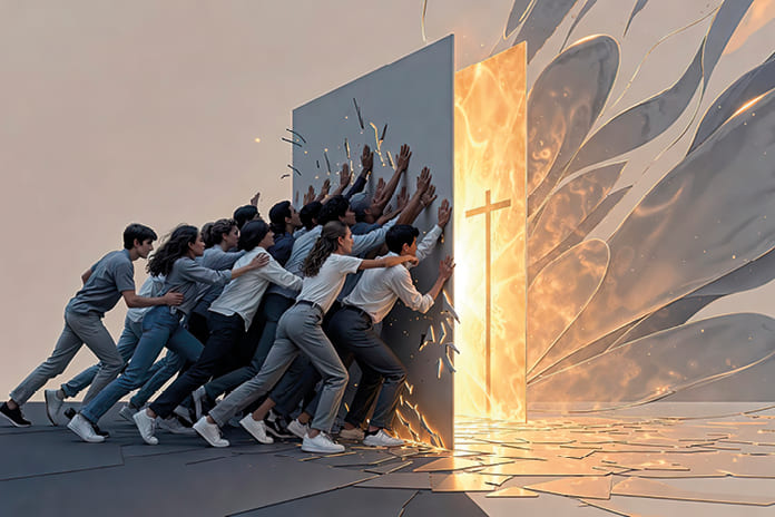 Jóvenes de la generación Z empujando un muro, símbolo de ruptura del tabú sobre Dios
