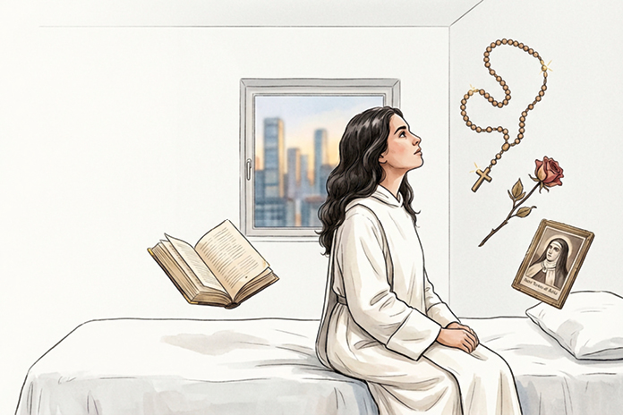 Artista femenina de estética mística inspirada en Rosalía, símbolo de búsqueda espiritual y trascendencia