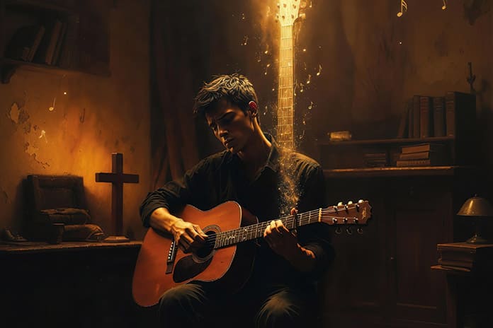 Cantante interpretando música católica, símbolo del músico que se deja afinar por Dios para poner su voz al servicio del evangelio