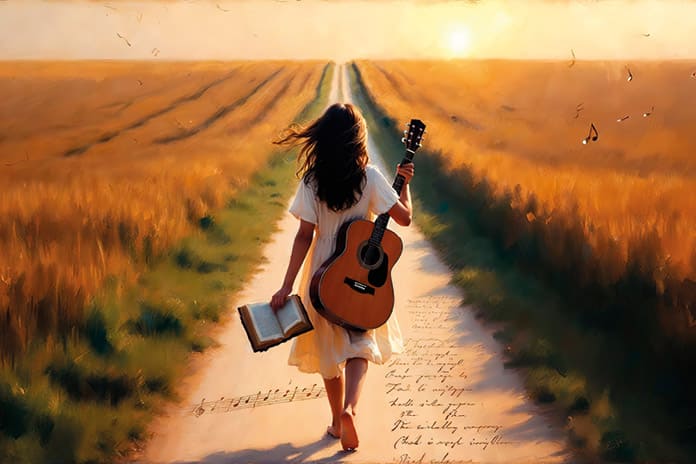 Joven caminando por un sendero entre campos con una guitarra y una Biblia en la mano, imagen que evoca la vocación de cantautora cristiana