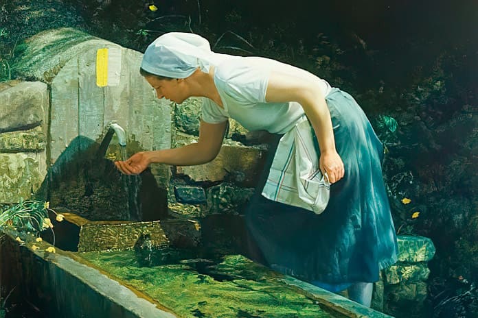 Saciará su gran sed siempre sentida, pintura de Isabel Guerra (2014), que representa a una mujer bebiéndose en una fuente en actitud de recogimiento
