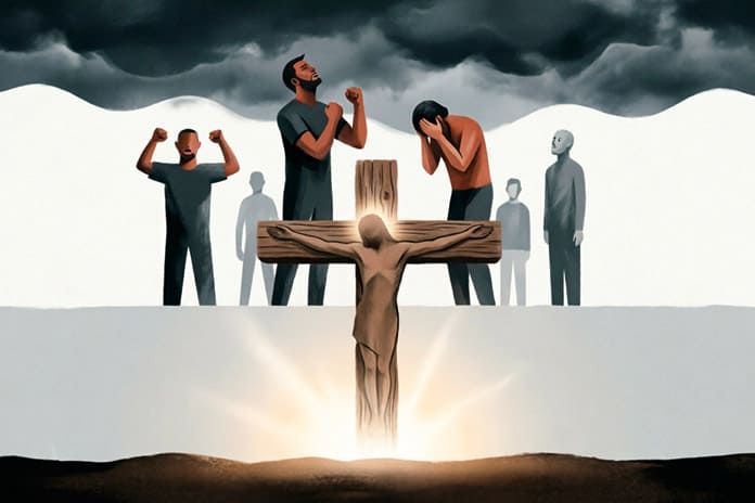 Ilustración sobre el sufrimiento y la cruz, que evoca la presencia de Dios que sostiene desde abajo el dolor humano según la teología de Balthasar
