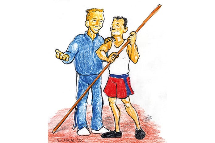 Dibujo de Bob Richards junto a su entrenador Dutch Warmerdam, ilustración a color de Juan Francisco Miral