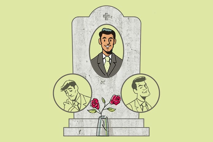 Ilustración de una lápida con el retrato de un hombre sonriente y dos rostros laterales junto a dos rosas rojas