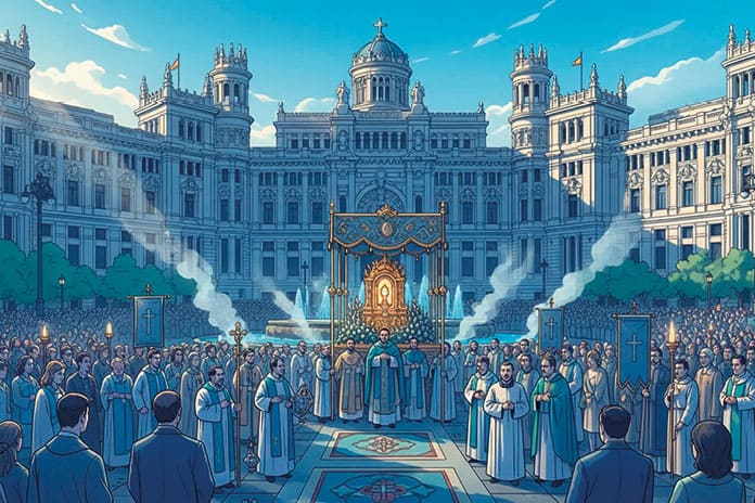 Ilustración de la procesión del Corpus en Cibeles con el papa León XIV